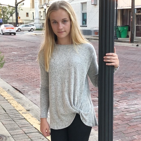 Girls’ Long sleeve Front knit, Heather gray top - Picture 2 of 3